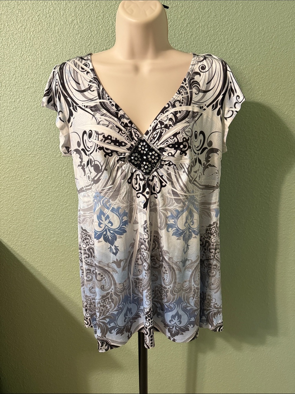 Embellished V-Neck Flutter Sleeve Blouse - White & Light Blue